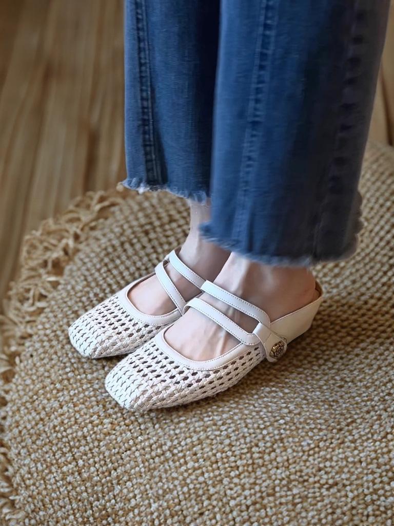 

Wedge slippers casual summer new hole shoes Mary Jane woven round head versatile slippers 40 бежевый