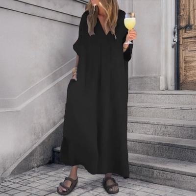 Women's Loose Maxi Dress V-Neck Short Sleeve Long Dress Summer Casual A-Line Beach Sundress