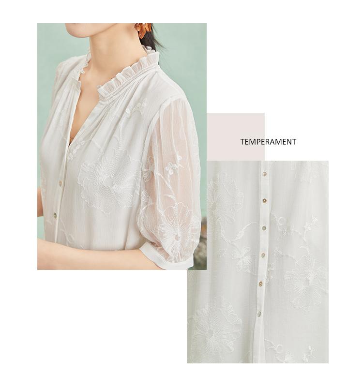 Black Fungus Edge Small V-neck Solid Color Heavy Embroidery Spring and Summer Fashion Mulberry Silk Short Sleeved Temperament Women's Vacation Dress