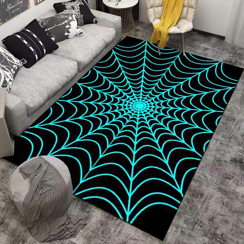 Glow-in-Dark Spider Web Pattern Rug, Black and Blue Geometric Style Carpet Suitable for use as an anti-slip for living room bedroom sofas