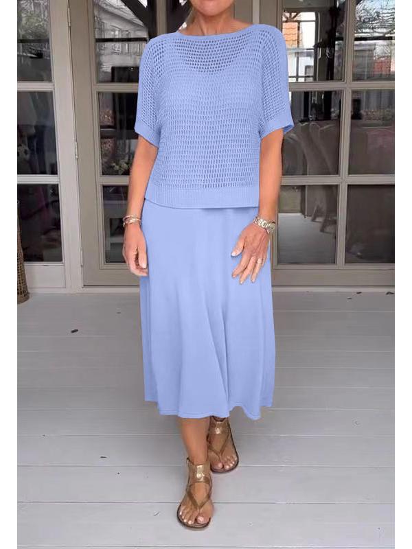 2025 European & American Style Casual Solid Color Hollow Knit Dress Suit with Round Neck Sweater