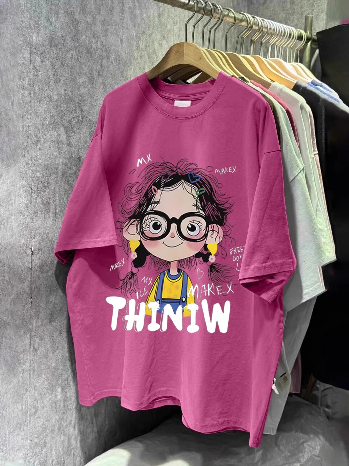 2025 Summer Korean Style Loose Cartoon Girl Print Casual Short Sleeve T-shirt Medium маджента