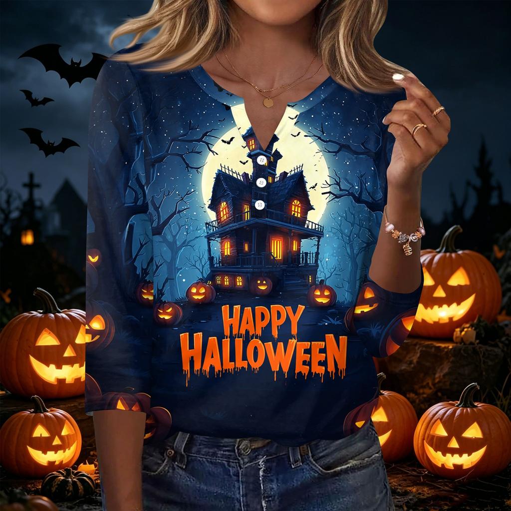 Women's Casual Halloween Print V-Neck Button Three-Quarter Sleeve T-Shirt