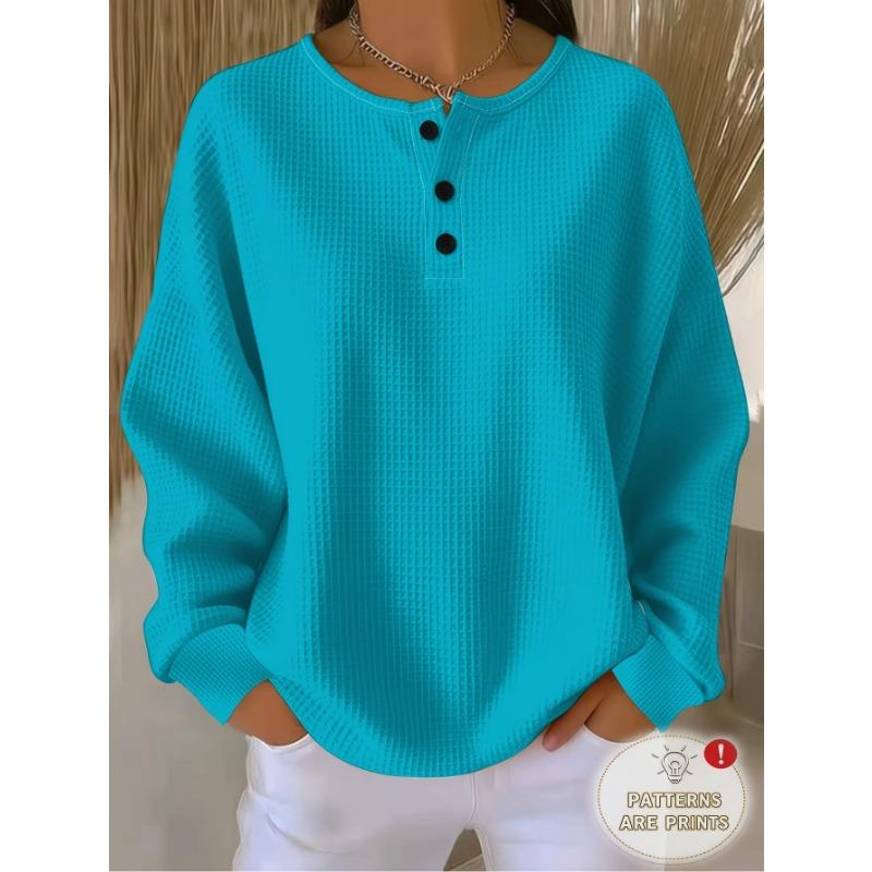 Henley Collar Standard Size Women'S Waffle Long Sleeve Casual T-Shirt, Pure Pink, Soft Skin-Friendly Breathable Fabric
