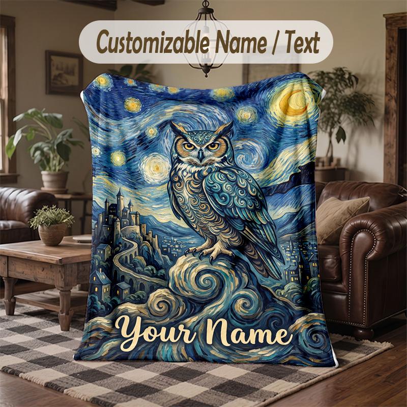 Night Owl Art Print Theme Throw Blanket Custom Name Text Personalized Blanket Soft Cozy Blanket for Home Sofa Bed