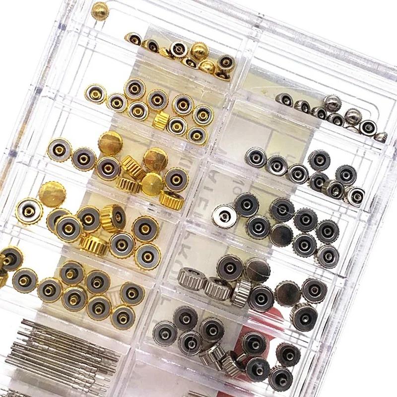 170Pcs/Box Watch Crown Parts Replacement Assorted Dome Flat Head Watch Accessories Repair Tool Kit Accessories Tool Kits.
