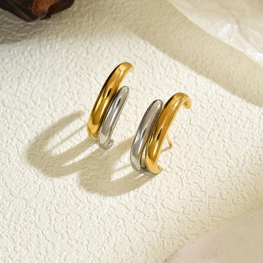 Gold Sliver Color Irregular C-shape Stud Earrings Stainless Steel Bicolor Geometric Waterproof Fashion Jewelry Party Gift Women