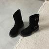 Krazing Pot Cow Suede Nubuck Winter Round Toe Western Boots Med Heels Slip On Metal Buckles Women Mid-calf Boots