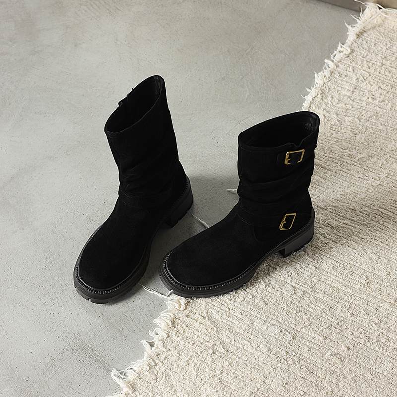 Krazing Pot Cow Suede Nubuck Winter Round Toe Western Boots Med Heels Slip On Metal Buckles Women Mid-calf Boots