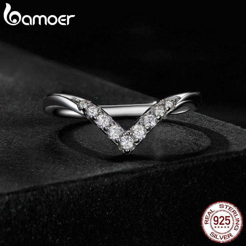 Anel de moissanite em formato de V BAMOER delicado anel de diamante de laboratório 925 prata esterlina para mulheres joias de casamento e noivado