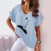 2023 Summer Women's V-neck Batwing Sleeve T-shirt with Feather Print