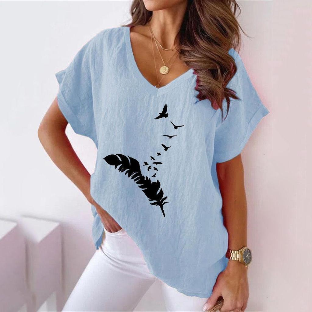 2023 Summer Women's V-neck Batwing Sleeve T-shirt with Feather Print