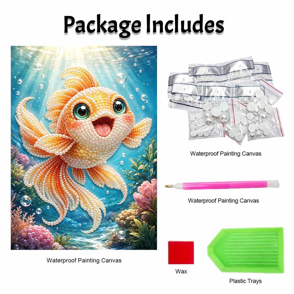DIY Framed Pearl Painting Kit Cute Goldfish Pattern Sparkling Bead Canvas Creative Handmade Craft Gift for Women and Adults