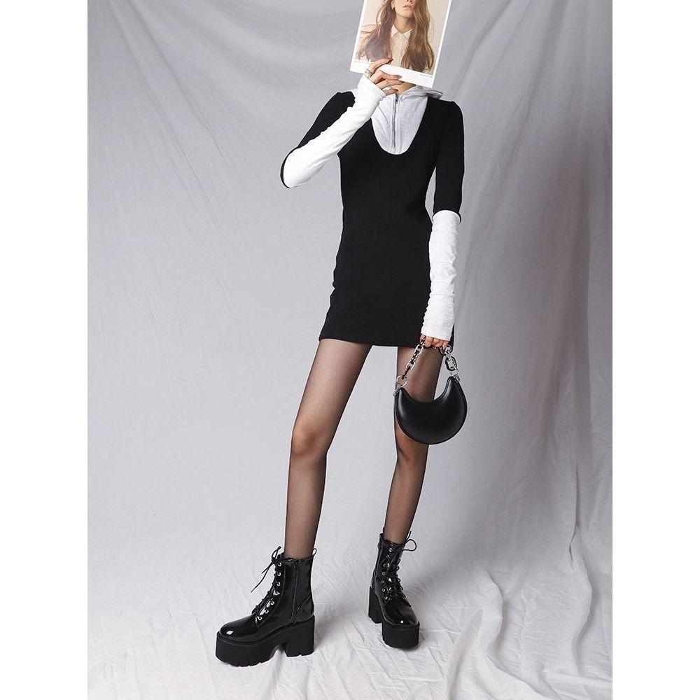 Punk Hottie Platform Martin Boots Women's Spring and Autumn Mid Tube Y2k Locomotive Boots Cos Small Short Boots Black High Heel