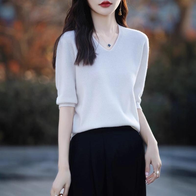 Women S Short Sleeve V Neck Solid Color Knit Pullover Top
