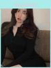 Korean Style Spring Black Knit Dress With Vneck And Long Sleeves For Women
