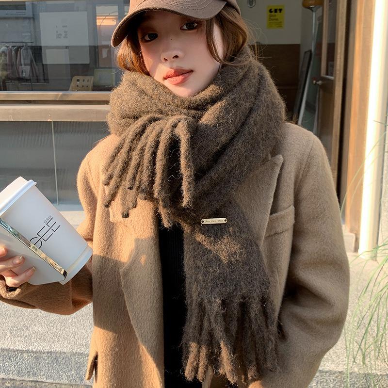 Cachecol versátil doce e fofo cor de doce inverno espessado xale quente mohair cor sólida cachecol de casal