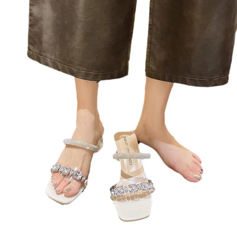 French Square Head Crystal Thick Heel Cool Slippers Women's Outer Wear Spring and Summer 2025 New Large Size High Heel Rhinestone One-word Drag