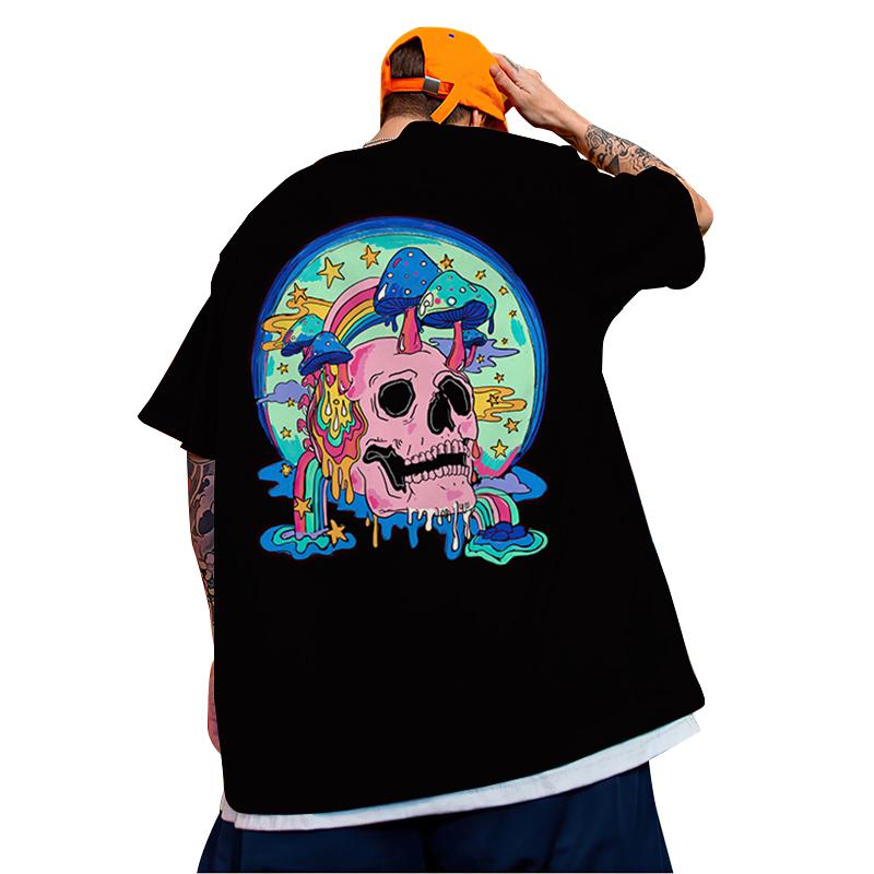 Büyük Boy Kısa Kollu Tişört Kafatası Baskılı Tişört Kore Hip Hop Üst Moda Erkek Tişörtü Yazlık Örgü Rahat Erkek Giyim