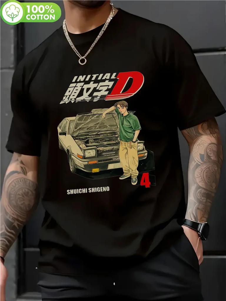 Casual Short Sleeve T-shirt - Lightweight Polyester Relaxed Fit with Initial D Anime Car Graphic & Japanese Text Print