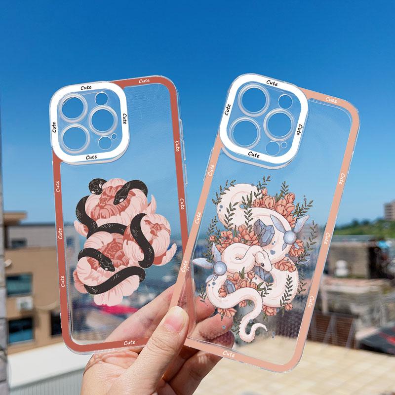 Rose Floral Snake Clear Phone Case For IPhone 11 14 Pro Max 13 12 Pro Max X XR XS SE2 14 8 7 Plus Transparent Back Cover Fundas