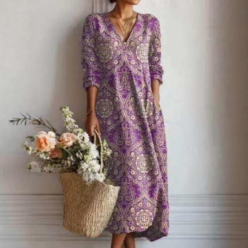 Abito Midi da Donna con Scollo a V, Stampa Floreale Grande, Manica Lunga, Vestibilità Larga, Stile Boemo, Casual, Vestito Estivo da Spiaggia con Tasche