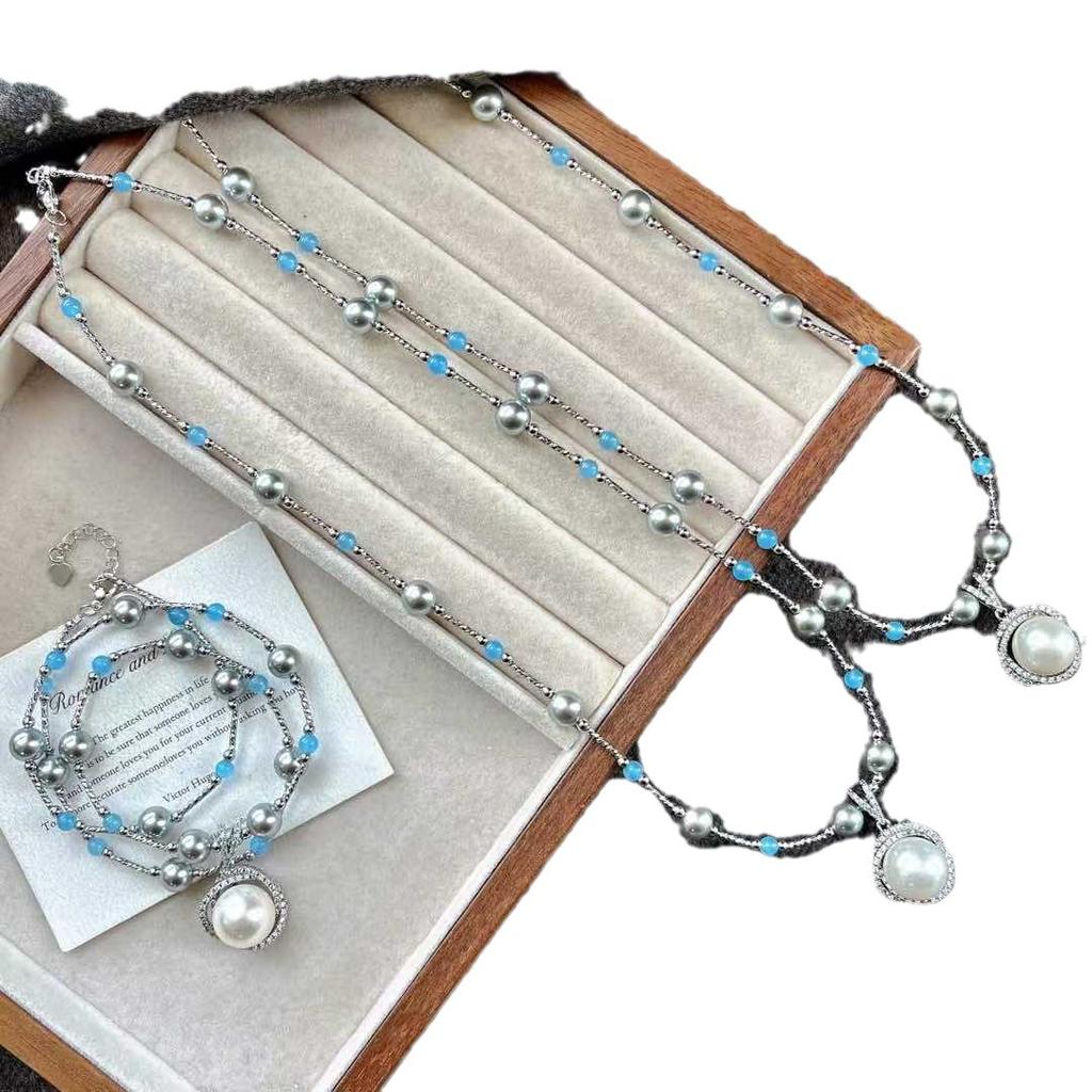 Design Sense Artificial Crystal Australian White Pearl Pendant Necklace Sweater Chain