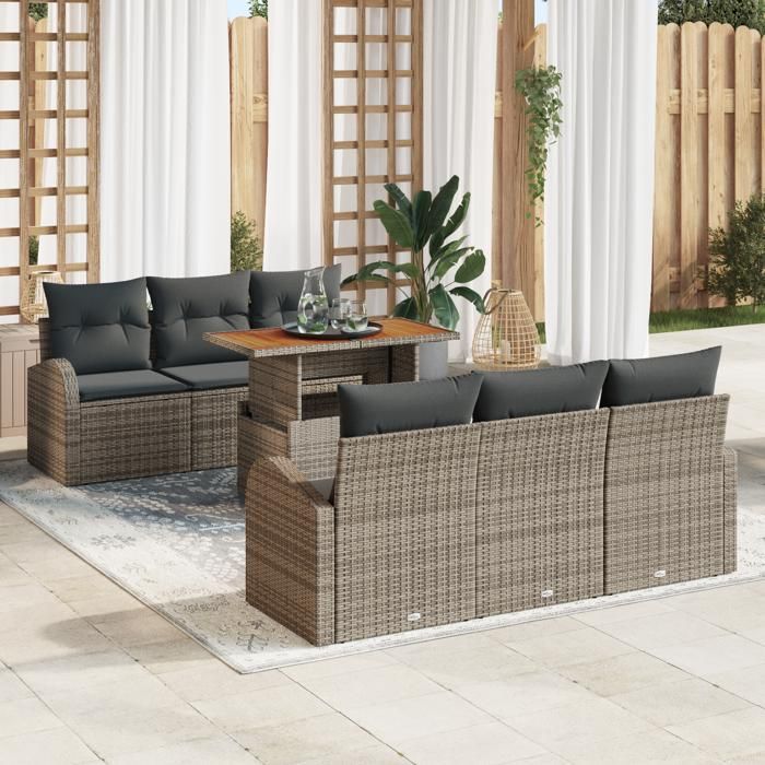 VidaXL Ensemble de salle à manger de jardin 7 pièces avec coussins gris poly rattan acacia 3349530