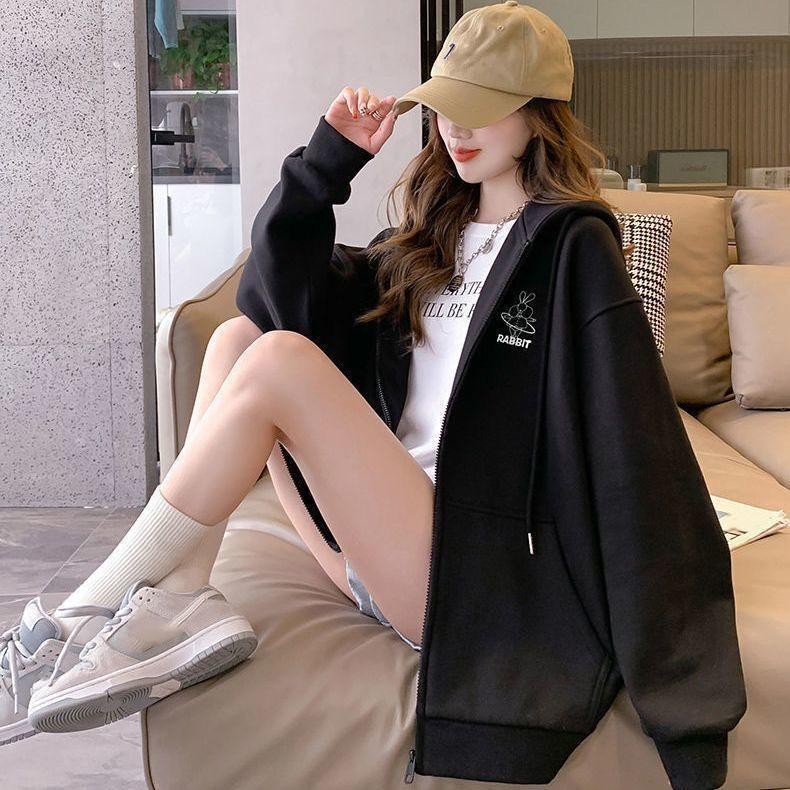Women's Fall/Winter Korean-Style Sweatshirt Jacket, Loose-Fit, Hooded, Long-Sleeve, Zipper, Student Top