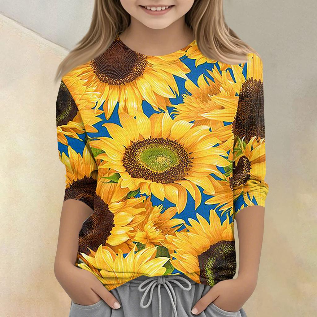Kinder bedrucktes Rundhals Siebenviertelarm Freizeit T-Shirt
