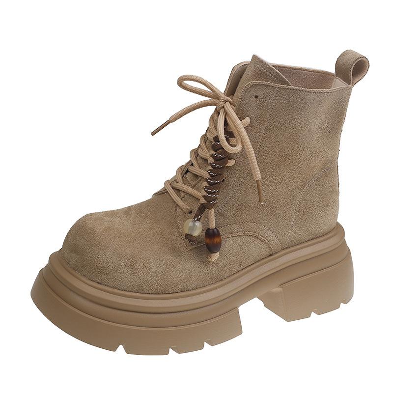 Autumn and Winter Suede Short Boots Literary and Retro Thick Heel Heightening Martin Boots Women's Casual Round Head Lace-up Women's Single Boots