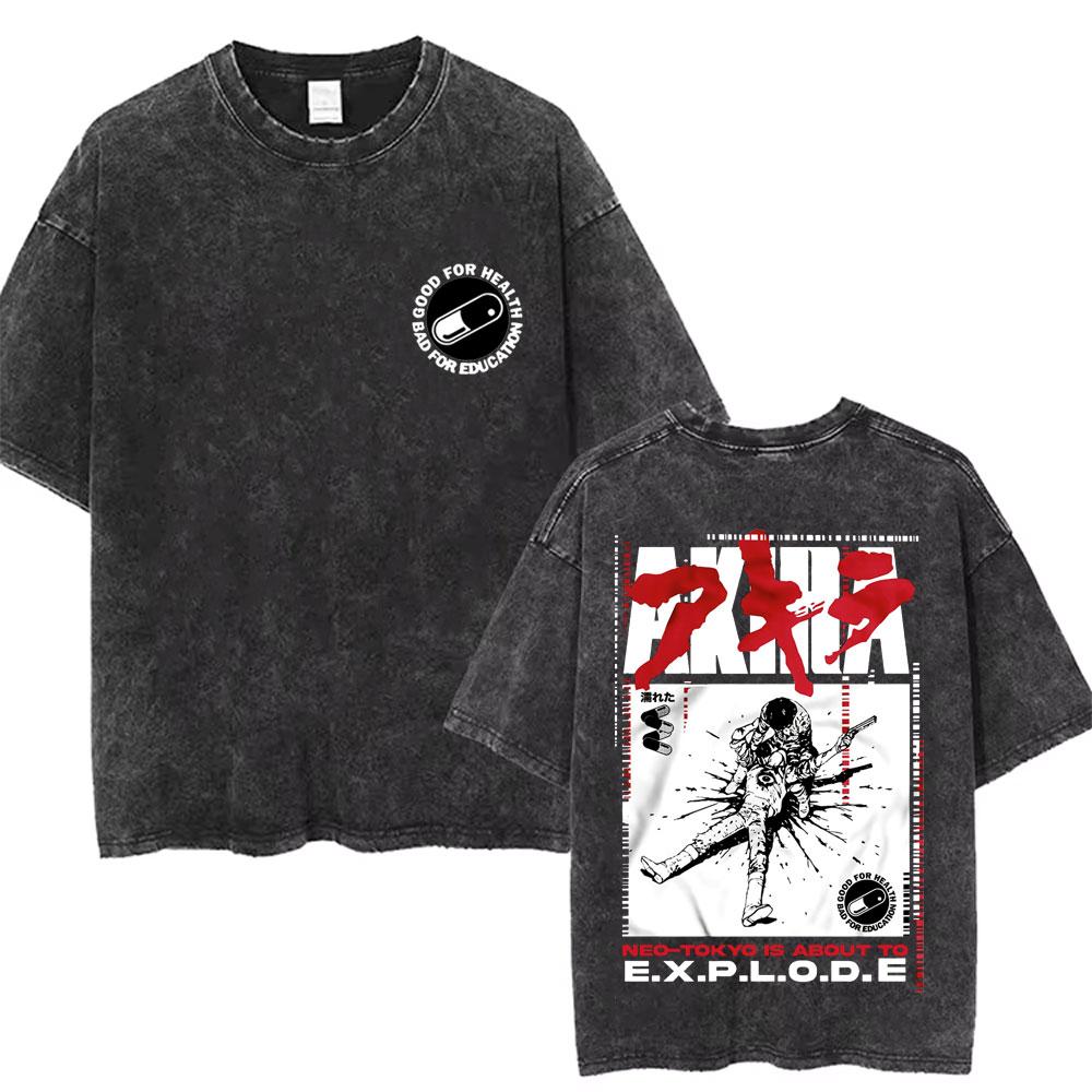 Washed Vintage Anime Akira T Shirts Japanese Science Fiction Cartoon Movie Shotaro Kaneda Tshirt Mens Manga Oversized Tshirts