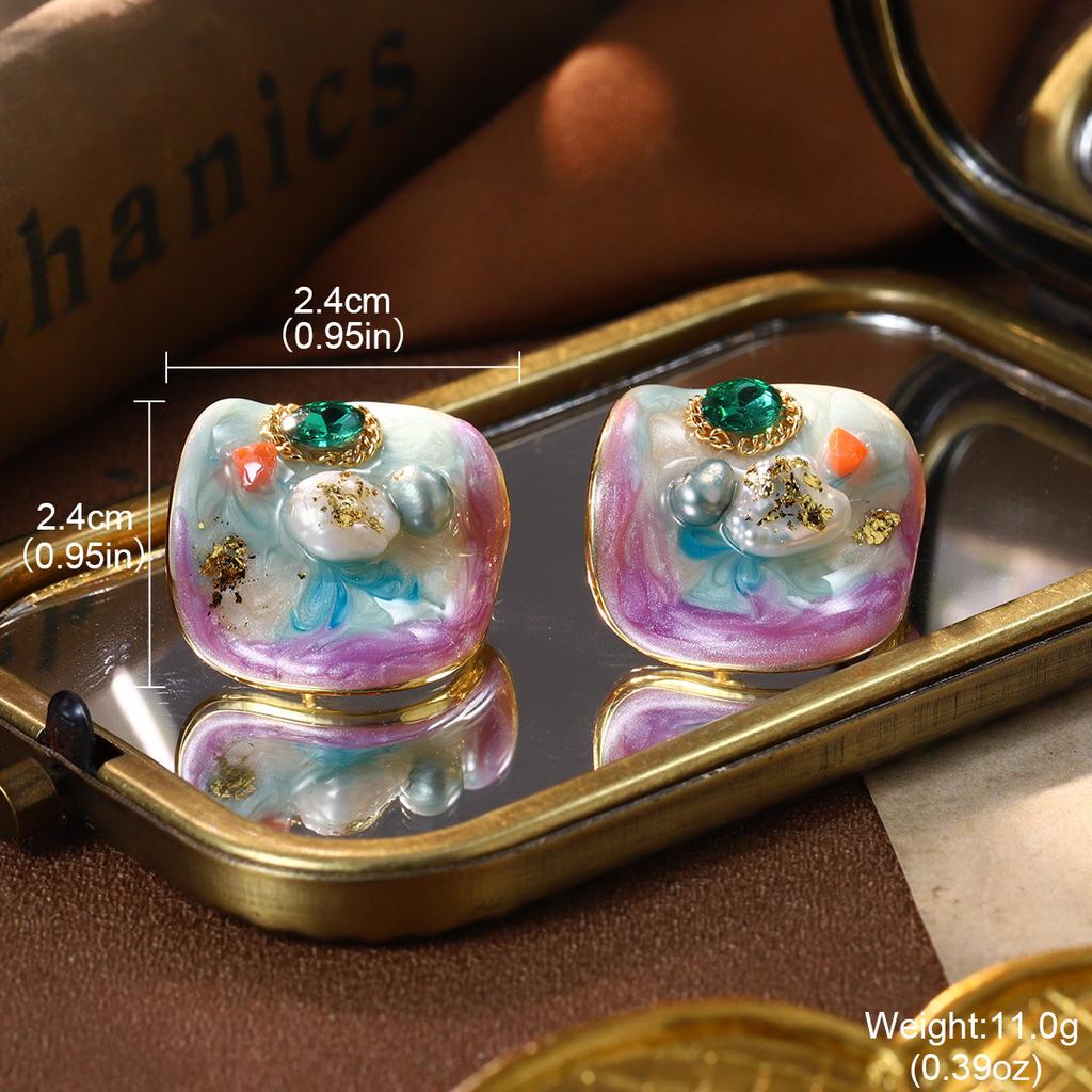 Monet Garden Oil Painting French Medieval Vintage Earrings Enamel Oil Drop Earrings Flower Natural Pearl Stud Earrings