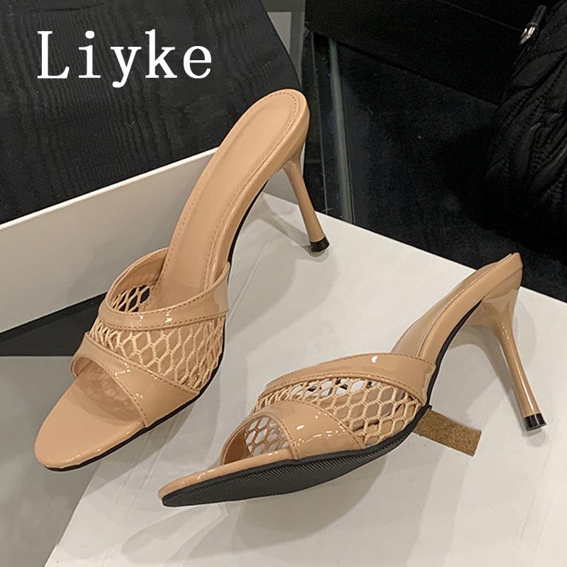 Heeled Footwear Female Slides Women Slippers Fashion Wine red Breathable Mesh Round Toe Thin Heels Sandals Pumps Shoes