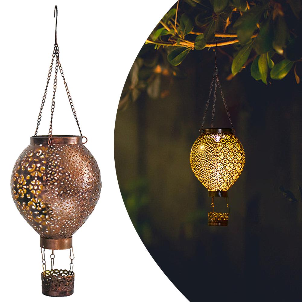 Solar Decorative Night Light 600mAh Metal Glowing Hollow Lantern Iron Retro Hot Air Balloon Light for Indoor Outdoor Garden Yard