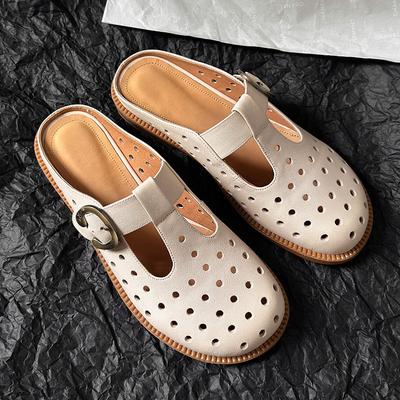 Leather Hole Slippers Women's 2025 Summer New Hollow Block Round Head T-buckle with Mary Jane Outer Slippers