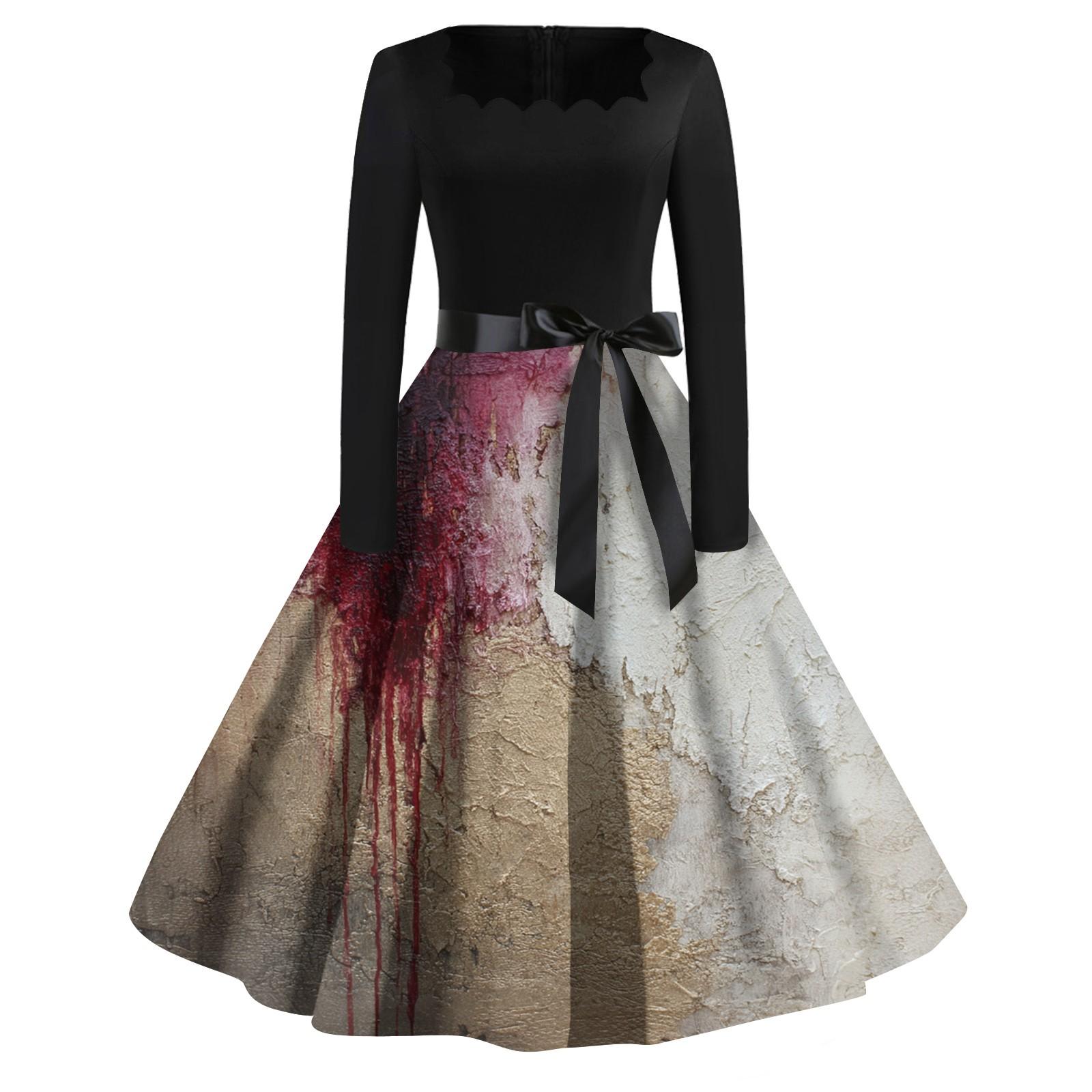 

Женское повседневное модное платье винтажного стиля с квадратным вырезом и принтом на Хэллоуин XL