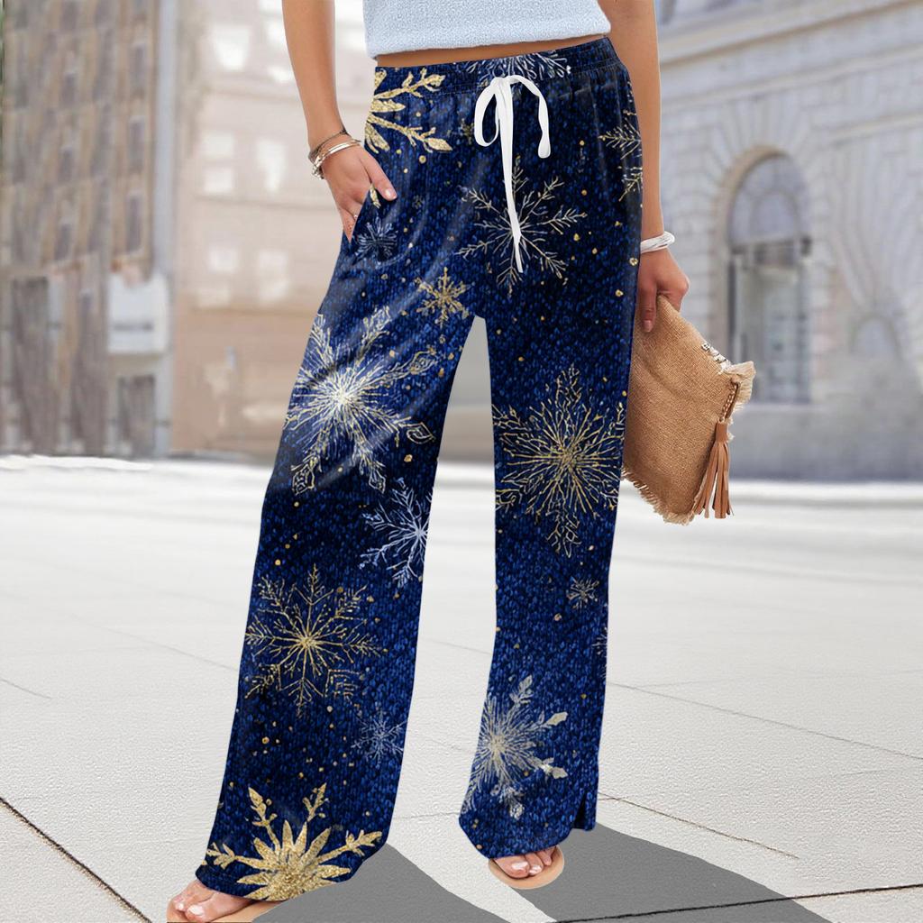 Ladies' Loose And Casual Christmas Printed Wide Leg Pants With Elastic Waistband Drawstring And Pocket Pants