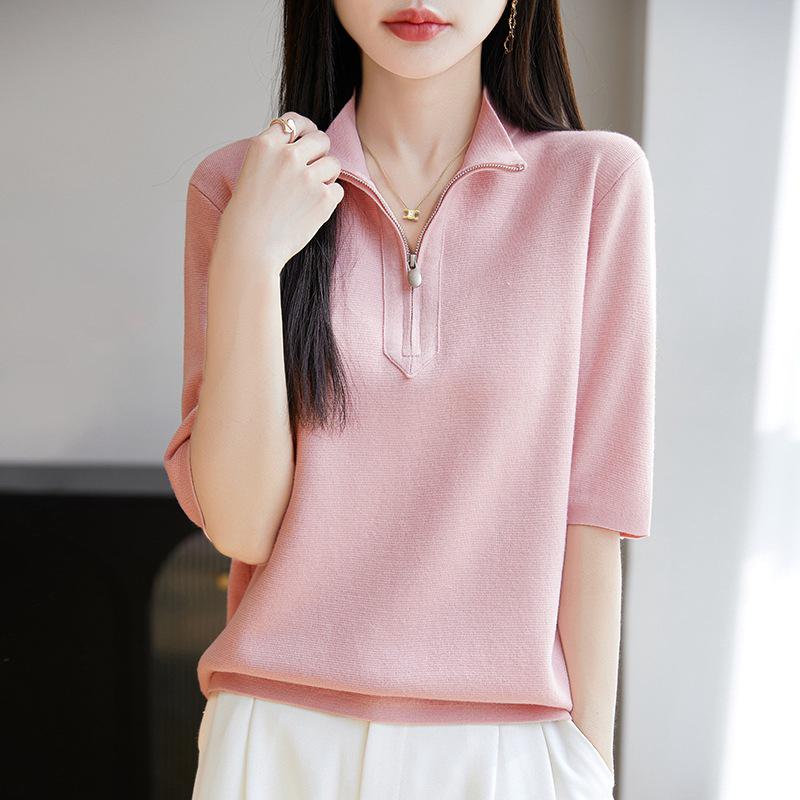 Spring/Summer 2025 Silk Wool Half Turtleneck Zip Sweater - Solid Color, Half Sleeve Top