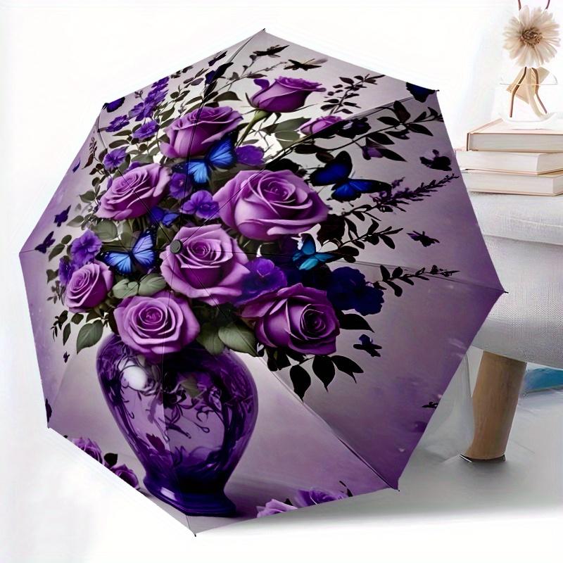 

Purple Roses & Butterflies Print Automatic Folding Umbrella - 8-Rib Durable, Compact Travel Design, Stylish Outdoor Umbrella f (as the picture,Iron&8K)