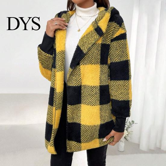 Cardigan Sweater Winter Coat Plaid Print Hooded Thick Windproof Open Stitch Knit Outerwear Mid Length Fuzzy Plush Jacket for School Travel Fall