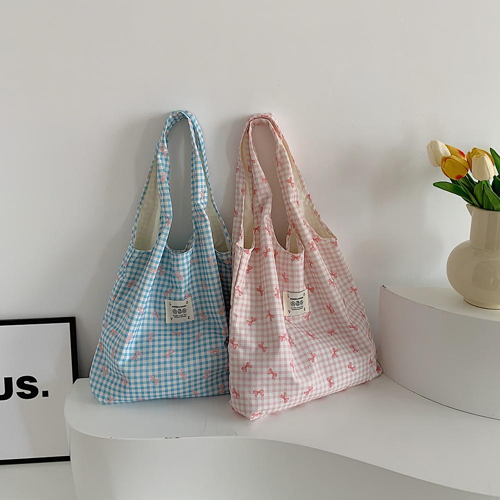 

Women Simple Plaid Shoulder Bag Large Capacity Canvas Plaid Bow Tote Handbag Cute Shoulder Bag Female Travel Handbag