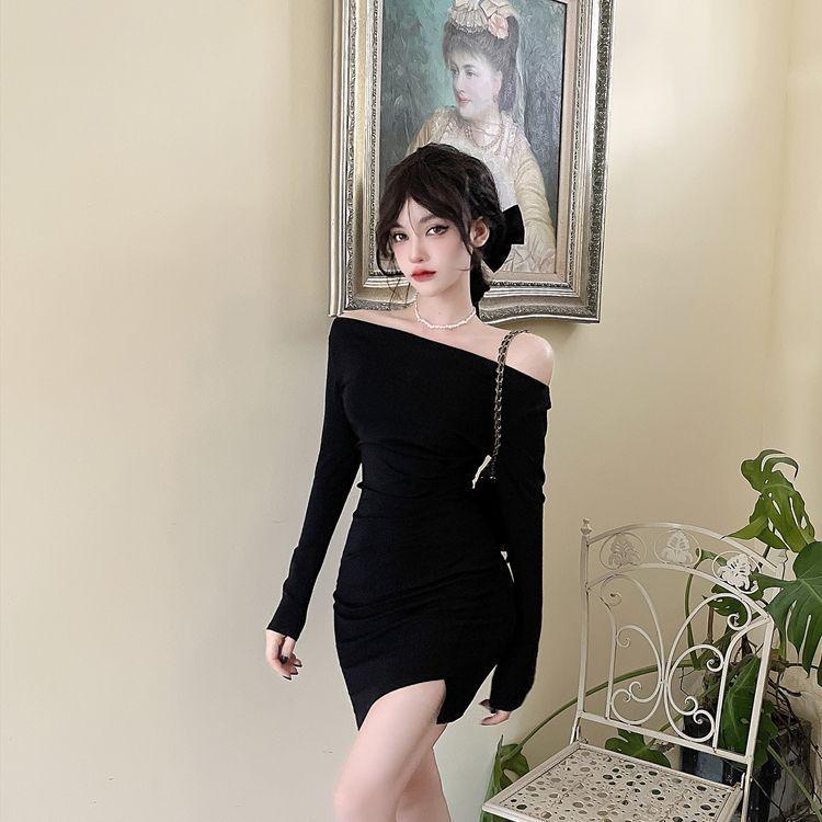 

Spice girl dress new one-word shoulder slim fit hip skirt long sleeve waist autumn and winter temperament sexy retro autumn and winter S чёрный