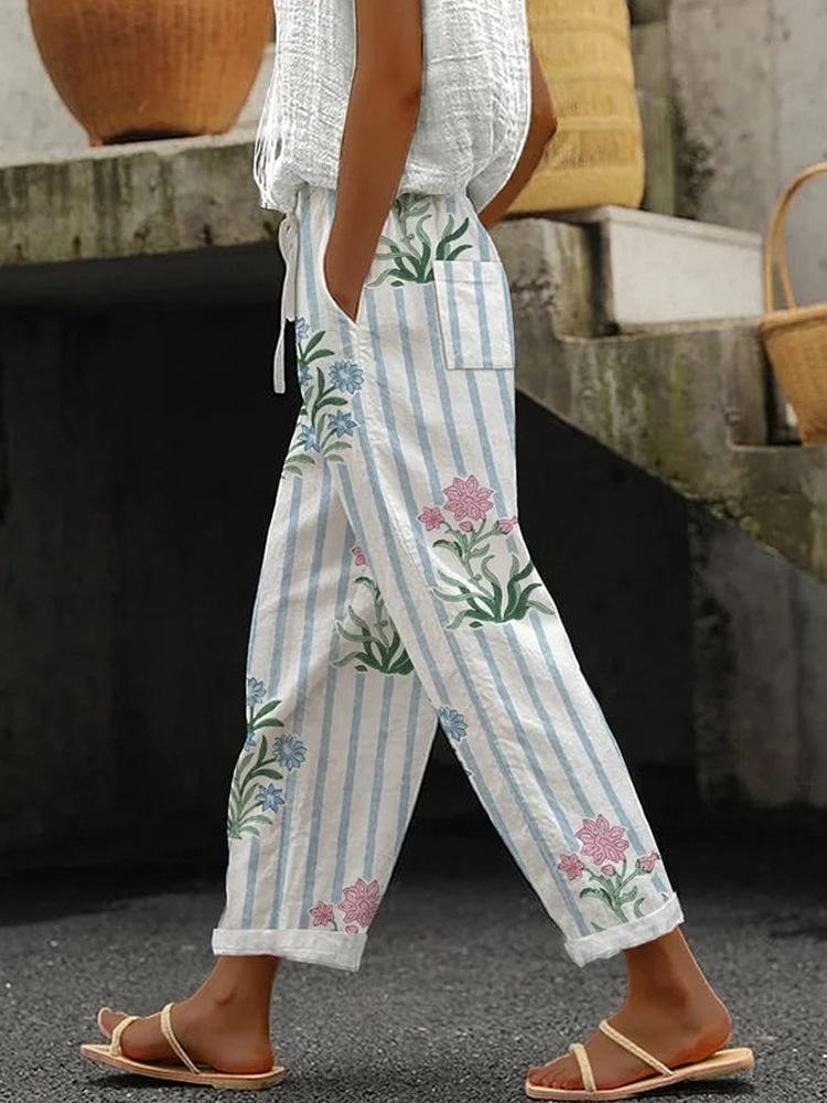 Women's Colorful Striped Wide Leg Pants with Drawstring Waist