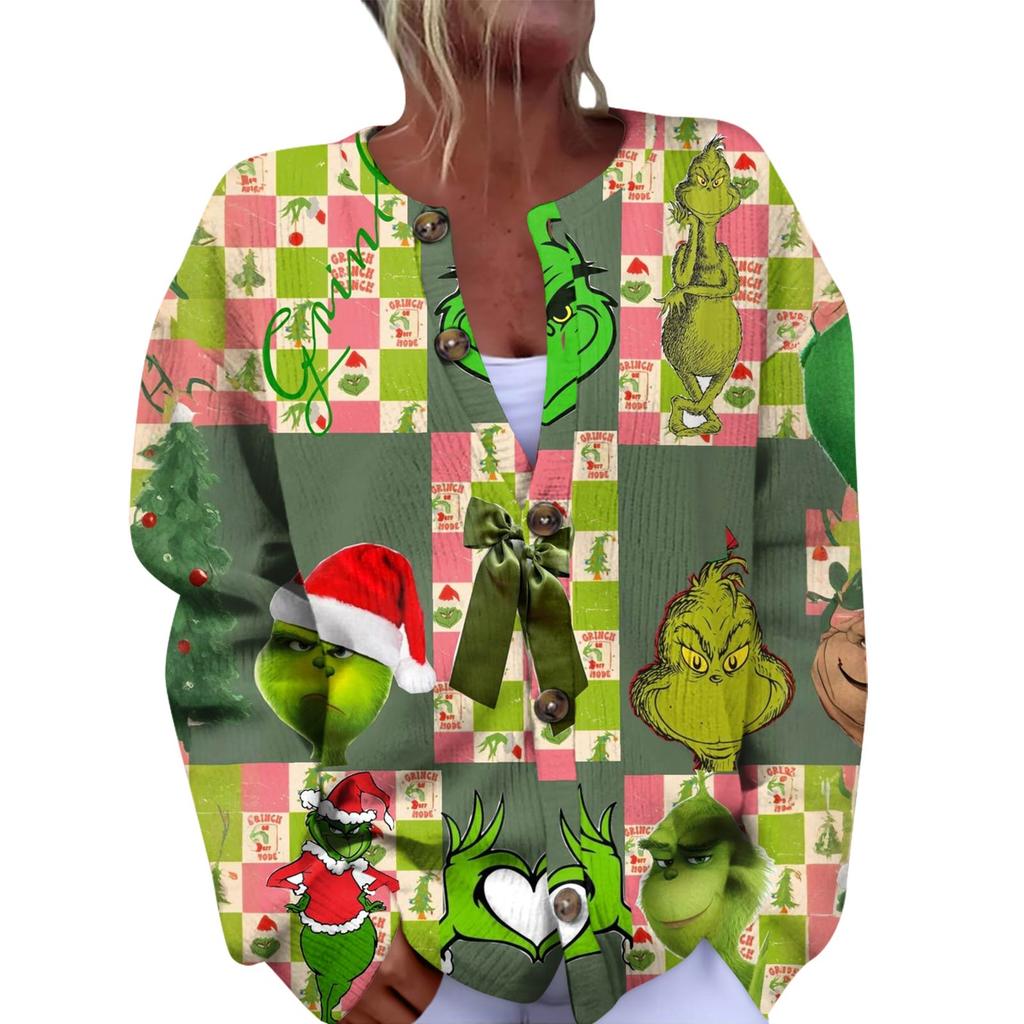 Women's Fashion Christmas Printed Long Sleeve Knitted Cardigan Button Down Jacket