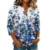 Women Vintage Floral Print Henley Button Neck Shirt Three Quarter Sleeve Linen Cotton Blouse Casual Loose Fit Top for Everyday Wear