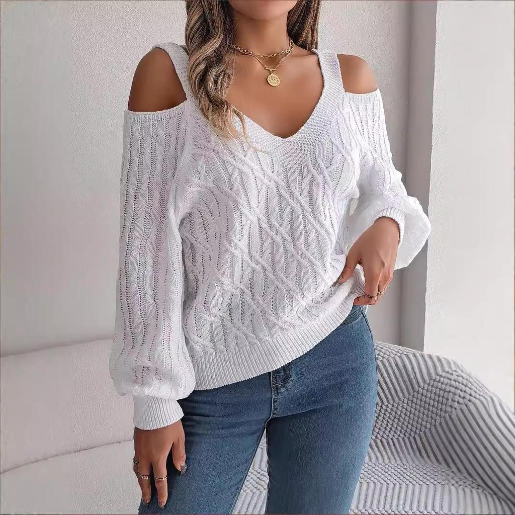 2025 Autumn/Winter Off-the-Shoulder Cable Knit Lantern Sleeve Sweater for Women