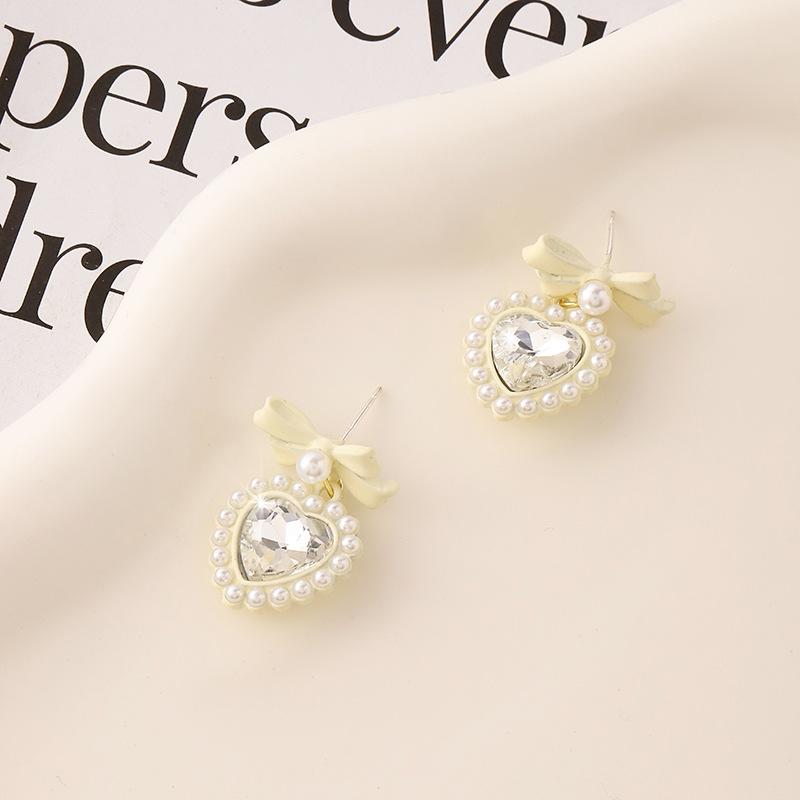 Sweet Loving Heart Pearl Bow Earrings Silver Needle High-Grade Earrings Flower Earrings Women's Elegant Ornament