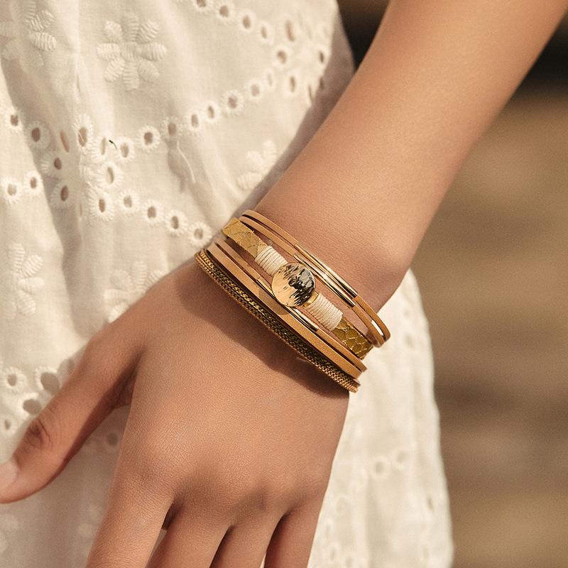 Vintage Rhinestone Braided Leather Bracelet for Women Bohemian Multilayer Wrap Wide Bracelets Party Jewelry Gifts