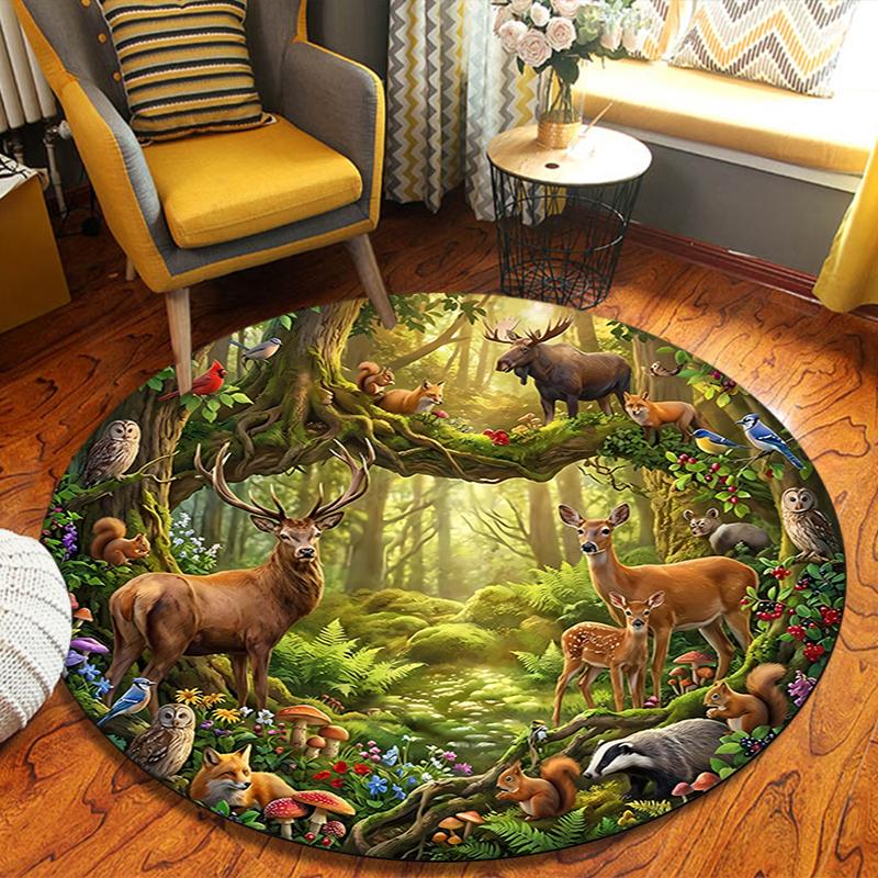 Deers Round Area Rug,Carpet Rug for Living Room Bedroom Sofa Playroom Decor,Non-slip Floor Mat